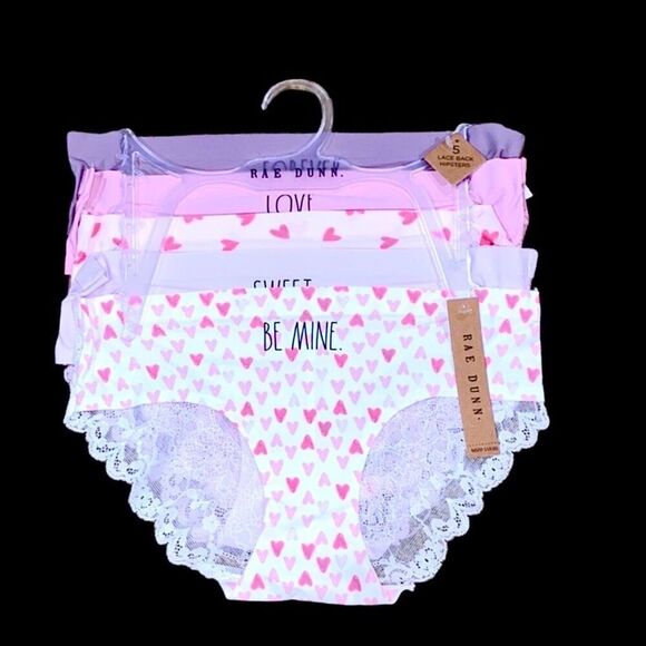 NWT Rae Dunn L Pack of 5 Love Hearts Sweet Pink Lilac Lace Back Hipster Panty